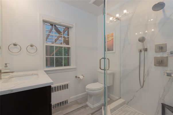 Bathroom, Glass Shower, Interior, Marble Walls, Recessed Lighting