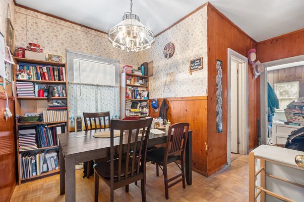 Dining room, Interior, Pendant Lights, Wood Texture Flooring, Wooden Walls