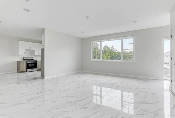 Empty room, Interior, Kitchen, Marble, Recessed Lighting, Stainless Steel Appliances