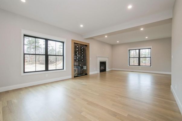 Empty room, Fireplace, Interior, Recessed Lighting, Wine Storage, Wood Texture Flooring