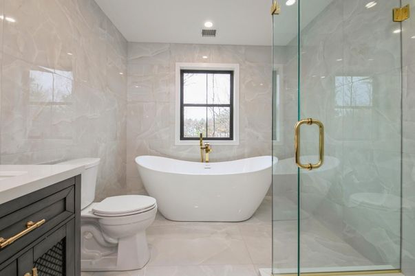 Bathroom, Free Standing Baths, Glass Shower, Interior, Marble Walls, Recessed Lighting