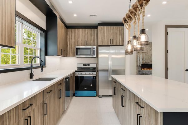 Fireplace, Interior, Kitchen, Pendant Lights, Recessed Lighting, Stainless Steel Appliances