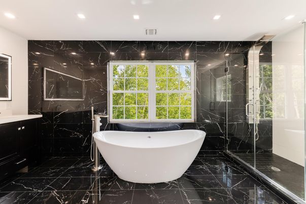 Bathroom, Free Standing Baths, Glass Shower, Interior, Marble, Marble Walls, Recessed Lighting