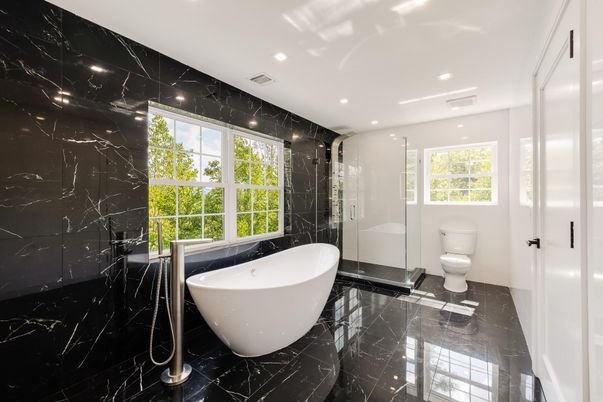 Bathroom, Free Standing Baths, Glass Shower, Interior, Marble, Marble Walls, Recessed Lighting