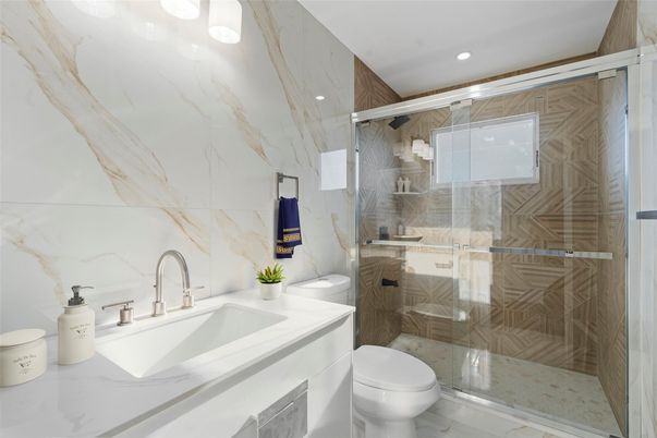 Bathroom, Glass Shower, Interior, Marble Walls, Recessed Lighting