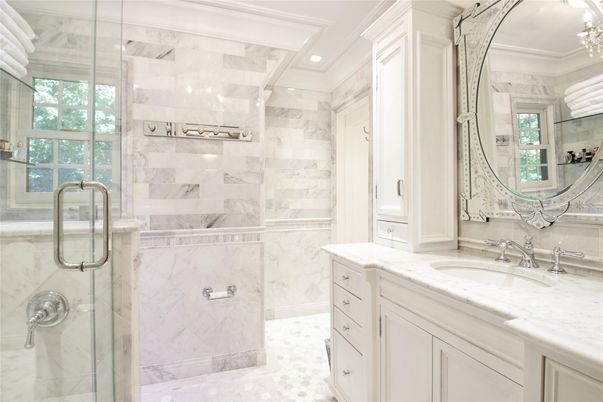 Bathroom, Glass Shower, Interior, Marble Walls, Recessed Lighting