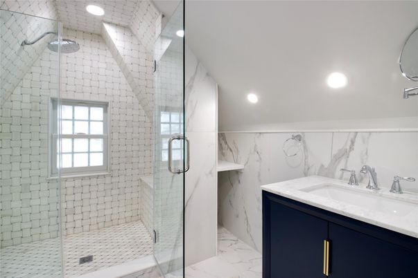 Bathroom, Dual Sink Vanities, Glass Shower, Interior, Marble, Marble Walls, Recessed Lighting