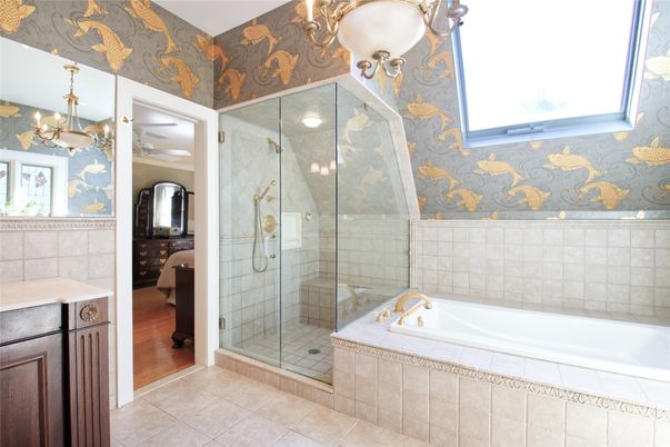 Bathroom, Glass Shower, Interior, Wood Texture Flooring