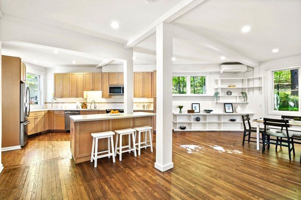 Dining room, Interior, Kitchen, Recessed Lighting, Stainless Steel Appliances, Wood Texture Flooring