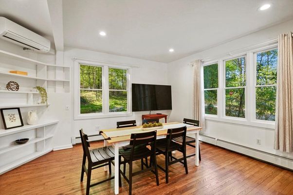 Dining room, Interior, Recessed Lighting, Wood Texture Flooring