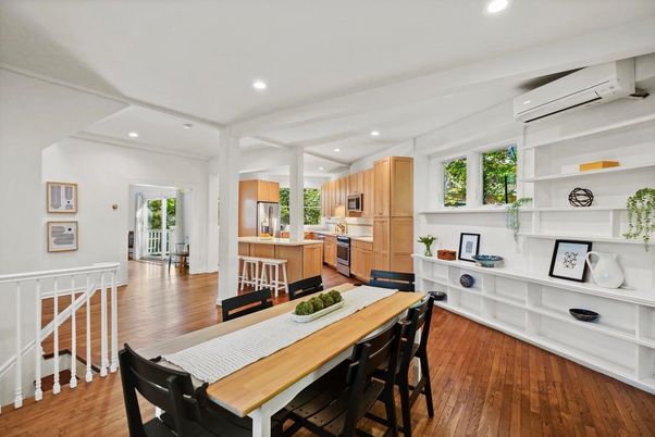 Dining room, Interior, Kitchen, Recessed Lighting, Stainless Steel Appliances, Wood Texture Flooring