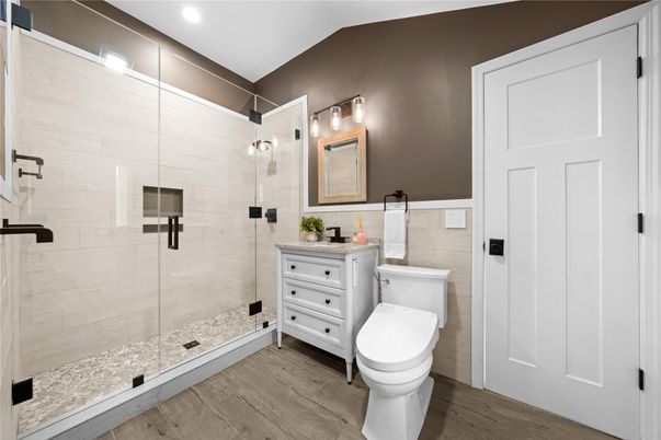 Bathroom, Glass Shower, Interior, Recessed Lighting, Wood Texture Flooring