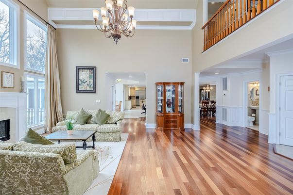 Chandelier, Fireplace, Interior, Living room, Recessed Lighting, Wood Texture Flooring