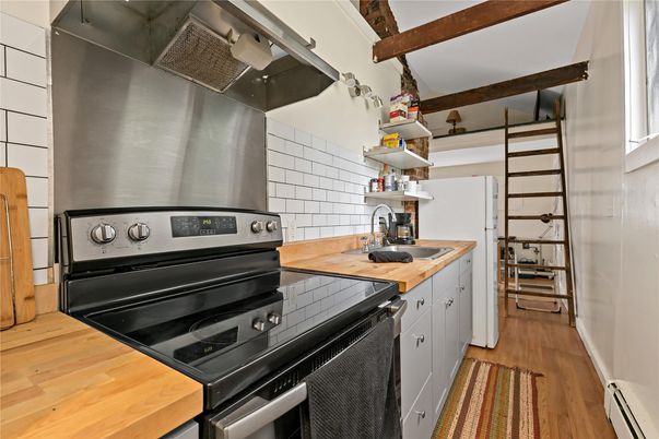 Interior, Kitchen, Stainless Steel Appliances, Wooden Beams, Wood Texture Flooring