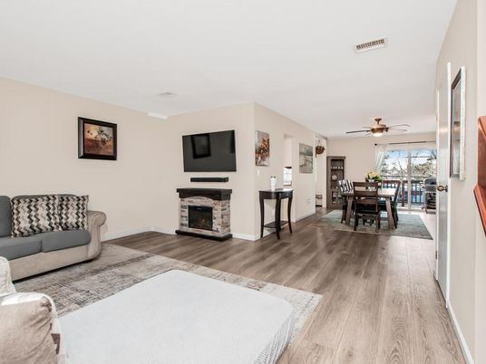 Dining room, Fireplace, Interior, Wood Texture Flooring