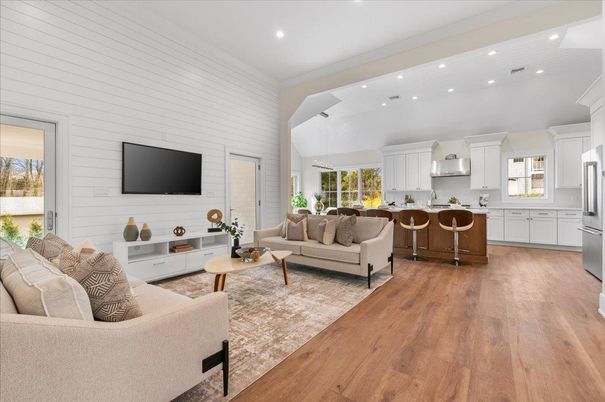 Interior, Kitchen, Living room, Recessed Lighting, Stainless Steel Appliances, Wood Texture Flooring