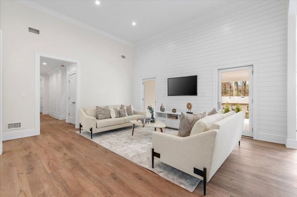 Interior, Living room, Recessed Lighting, Wood Texture Flooring