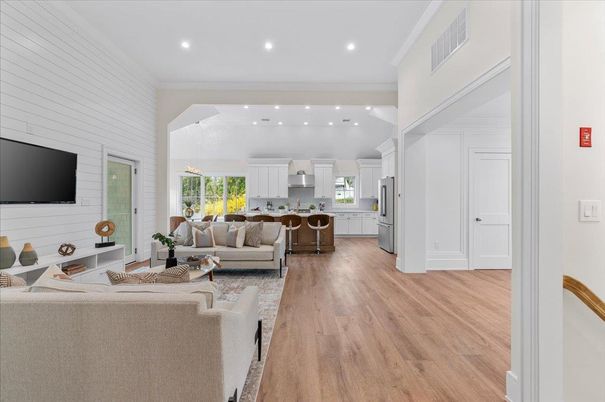Interior, Kitchen, Living room, Pendant Lights, Recessed Lighting, Wood Texture Flooring