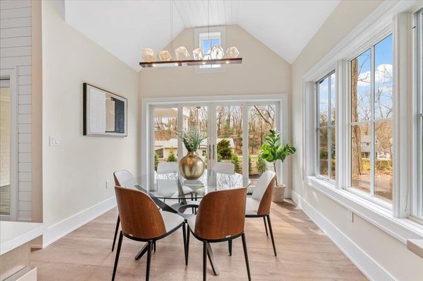 Dining room, Interior, Pendant Lights, Wood Texture Flooring