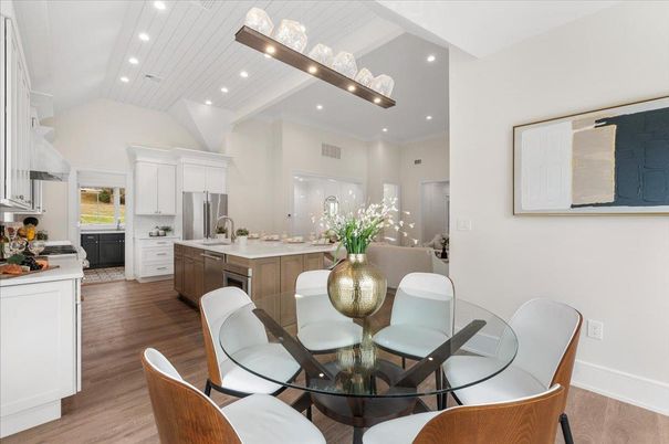 Dining room, Interior, Kitchen, Recessed Lighting, Stainless Steel Appliances, Wood Texture Flooring