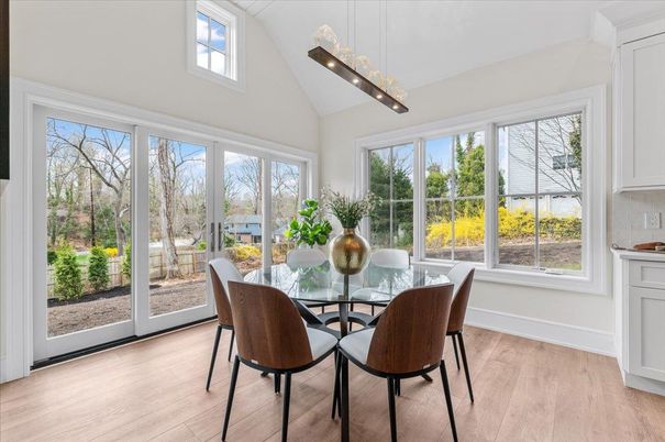 Dining room, Interior, Pendant Lights, Wood Texture Flooring
