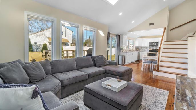 Interior, Kitchen, Living room, Recessed Lighting, Stainless Steel Appliances, Wood Texture Flooring
