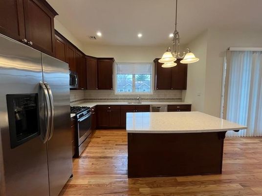 Interior, Kitchen, Pendant Lights, Recessed Lighting, Stainless Steel Appliances, Wood Texture Flooring