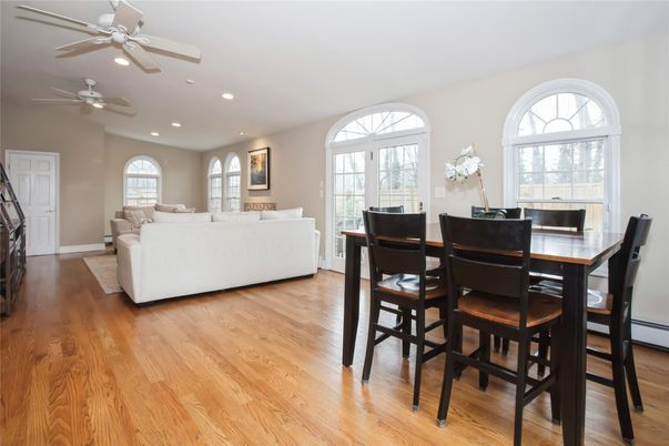 Dining room, Interior, Living room, Recessed Lighting, Wood Texture Flooring