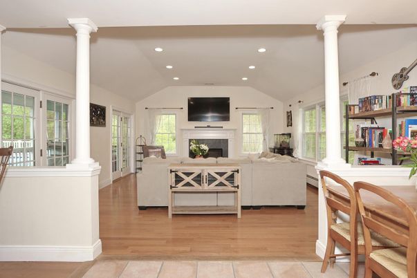 Fireplace, Interior, Living room, Recessed Lighting, Wood Texture Flooring