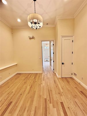 Chandelier, Empty room, Interior, Recessed Lighting, Wood Texture Flooring