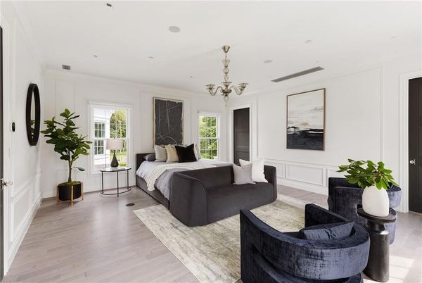 Bedroom, Chandelier, Interior, Recessed Lighting, Wood Texture Flooring