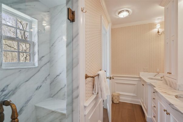 Bathroom, Interior, Marble Walls, Wood Texture Flooring