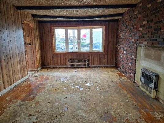 Empty room, Fireplace, Interior, Stone Walls, Wooden Walls