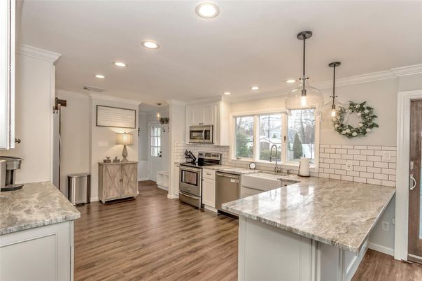 Interior, Kitchen, Pendant Lights, Recessed Lighting, Stainless Steel Appliances, Wood Texture Flooring
