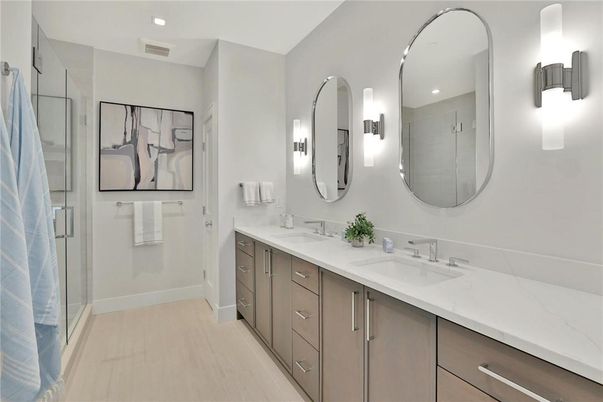 Bathroom, Dual Sink Vanities, Interior, Recessed Lighting, Wood Texture Flooring