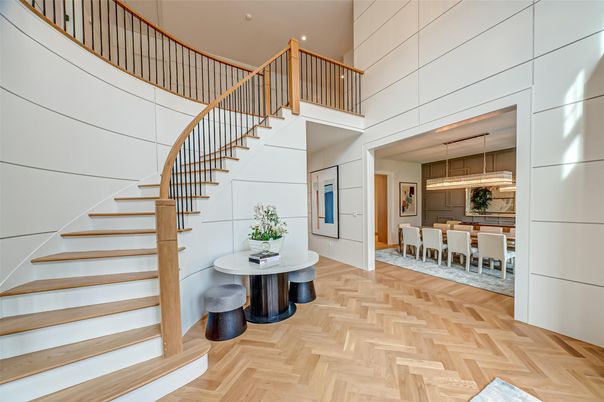 Dining room, Interior, Pendant Lights, Wood Texture Flooring