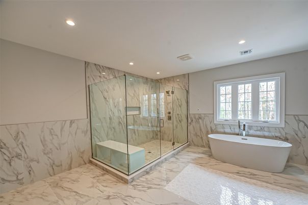Bathroom, Free Standing Baths, Glass Shower, Interior, Marble, Marble Walls, Recessed Lighting
