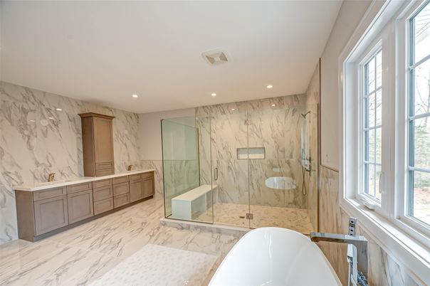 Bathroom, Dual Sink Vanities, Free Standing Baths, Glass Shower, Interior, Marble, Marble Walls, Recessed Lighting
