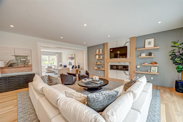 Dining room, Fireplace, Interior, Living room, Recessed Lighting, Wood Texture Flooring