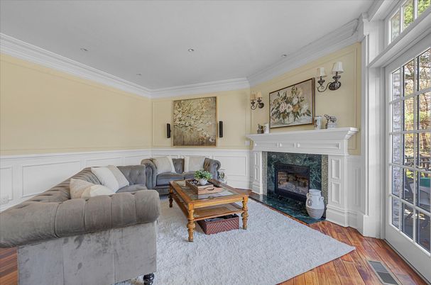Fireplace, Interior, Living room, Recessed Lighting, Wood Texture Flooring