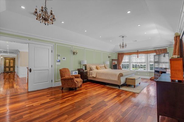 Bedroom, Chandelier, Interior, Recessed Lighting, Wood Texture Flooring