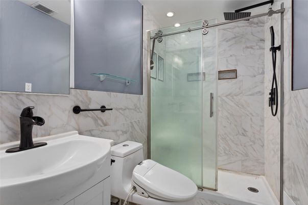 Bathroom, Glass Shower, Interior, Marble Walls, Recessed Lighting