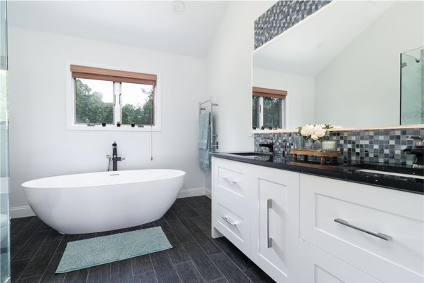 Bathroom, Dual Sink Vanities, Free Standing Baths, Interior, Wood Texture Flooring