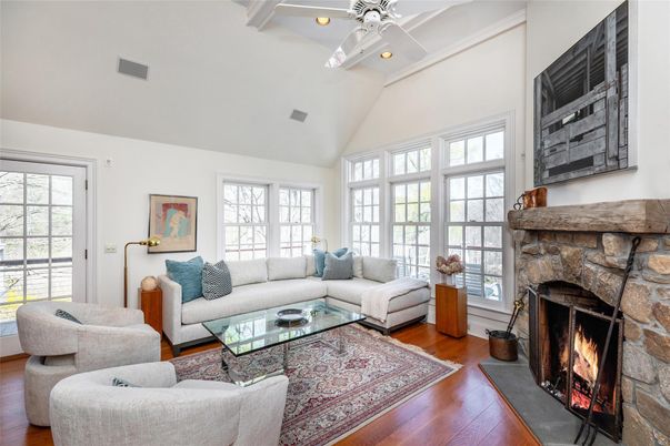 Fireplace, Interior, Living room, Recessed Lighting, Wood Texture Flooring