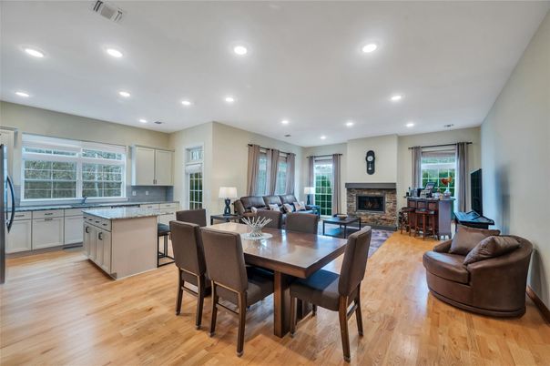 Dining room, Fireplace, Interior, Kitchen, Living room, Recessed Lighting, Wood Texture Flooring