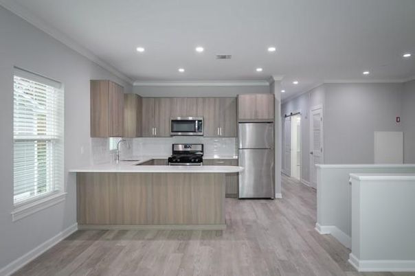 Interior, Kitchen, Recessed Lighting, Stainless Steel Appliances, Wood Texture Flooring