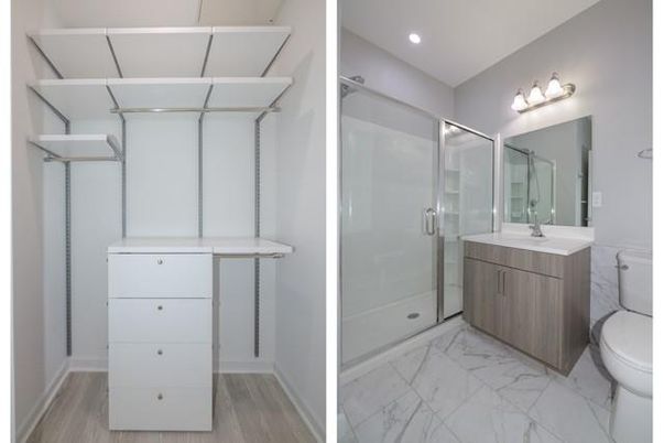 Bathroom, Dual Sink Vanities, Glass Shower, Interior, Marble, Recessed Lighting, Wood Texture Flooring