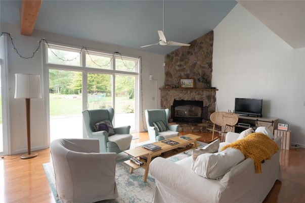 Fireplace, Interior, Living room, Stone Walls, Wooden Beams, Wood Texture Flooring