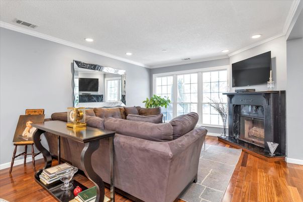 Fireplace, Interior, Living room, Recessed Lighting, Wood Texture Flooring