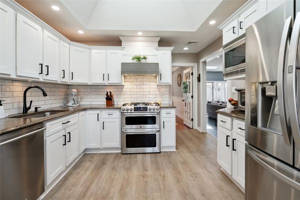 Interior, Kitchen, Recessed Lighting, Stainless Steel Appliances, Wood Texture Flooring